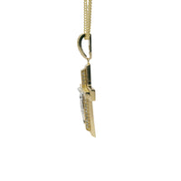 14KT Gold Charm Medium Two Tone Raised Platform Crucifix Cross with Diamond Cut Border and White CZ Stones Under Center Platform and White CZ Stone Bell