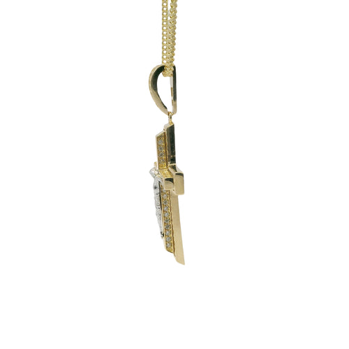 14KT Gold Charm Medium Two Tone Raised Platform Crucifix Cross with Diamond Cut Border and White CZ Stones Under Center Platform and White CZ Stone Bell