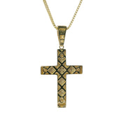 14KT Gold Charm Medium Two Tone Raised Platform Crucifix Cross with Diamond Cut Border and White CZ Stones Under Center Platform and White CZ Stone Bell