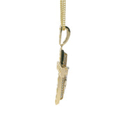 14KT Gold Charm Medium Two Tone Raised Platform Crucifix Cross with Diamond Cut Border and White CZ Stones Under Center Platform and White CZ Stone Bell