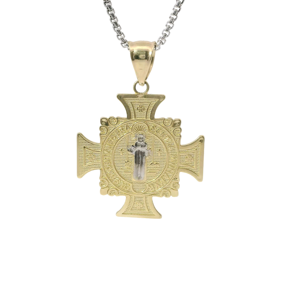 14KT Gold Charm Medium Round St Benedict Medal Crucifix with Plain Bell