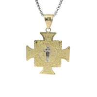 14KT Gold Charm Medium Round St Benedict Medal Crucifix with Plain Bell