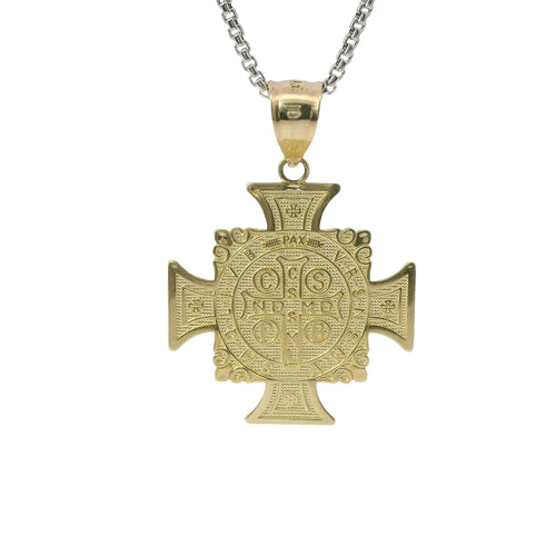 14KT Gold Charm Medium Round St Benedict Medal Crucifix with Plain Bell