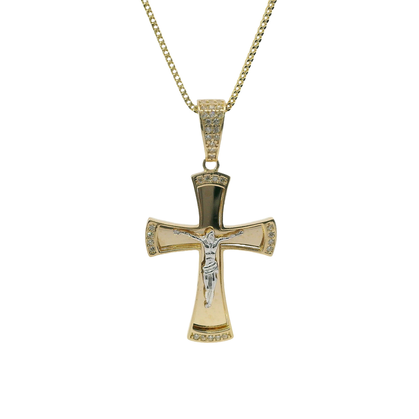 14KT Gold Charm Medium Two Tone Sunken Center Crucifix Cross with Flared White CZ Stones Ends, Plain Back Plate, and White CZ Stones Bell