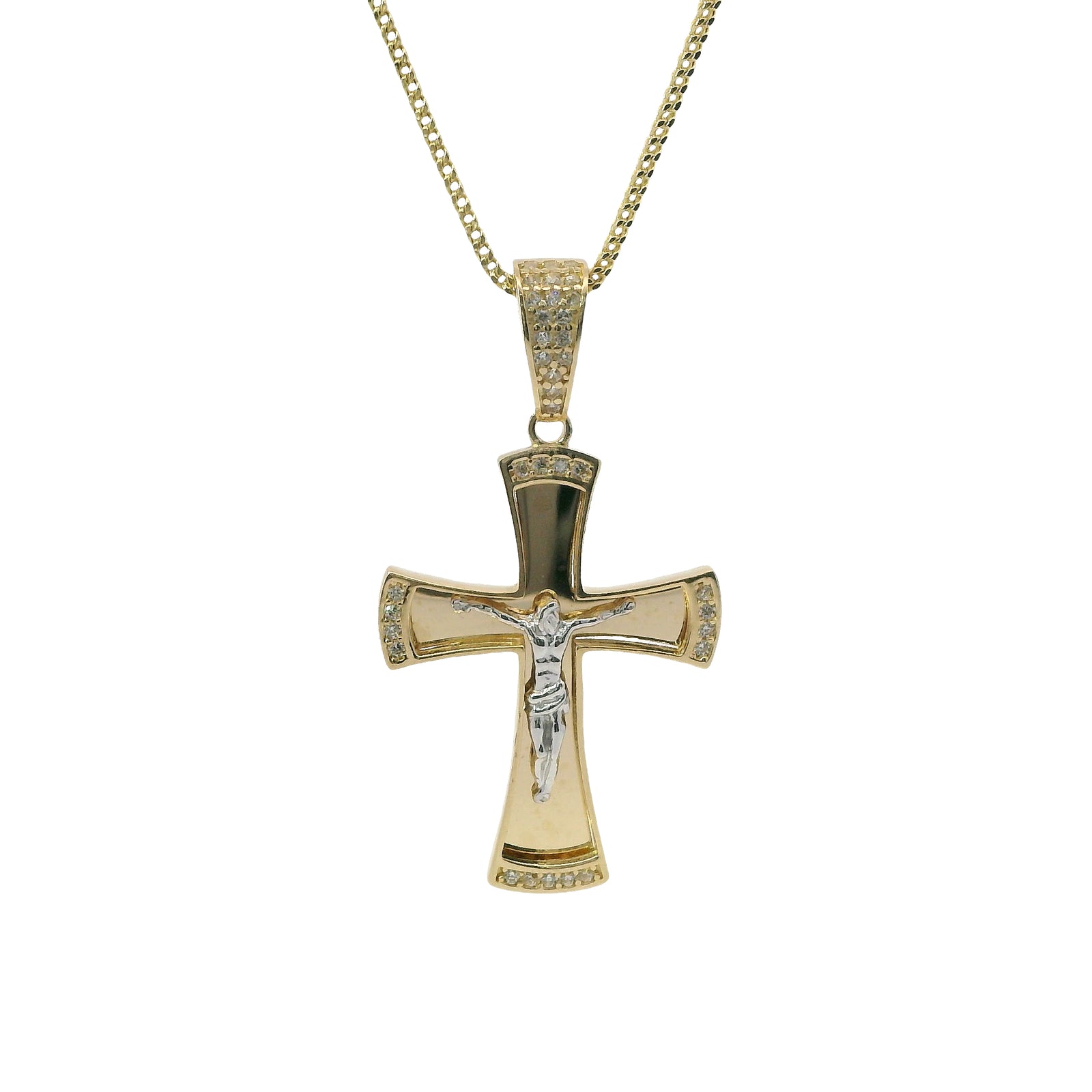 14KT Gold Charm Medium Two Tone Sunken Center Crucifix Cross with Flared White CZ Stones Ends, Plain Back Plate, and White CZ Stones Bell