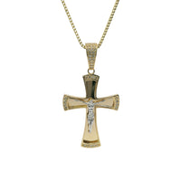 14KT Gold Charm Medium Two Tone Sunken Center Crucifix Cross with Flared White CZ Stones Ends, Plain Back Plate, and White CZ Stones Bell