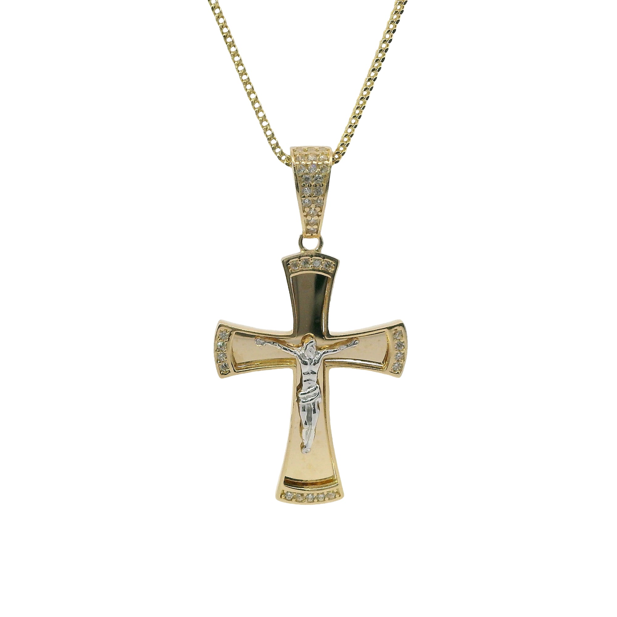 14KT Gold Charm Medium Two Tone Sunken Center Crucifix Cross with Flared White CZ Stones Ends, Plain Back Plate, and White CZ Stones Bell