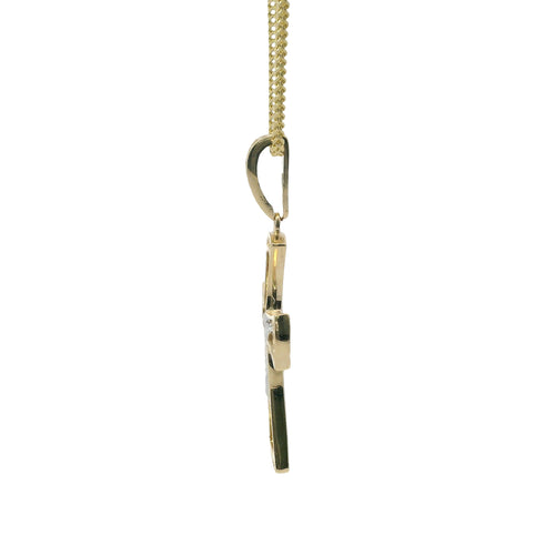 14KT Gold Charm Medium Two Tone Sunken Center Crucifix Cross with Flared White CZ Stones Ends, Plain Back Plate, and White CZ Stones Bell