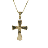 14KT Gold Charm Medium Two Tone Sunken Center Crucifix Cross with Flared White CZ Stones Ends, Plain Back Plate, and White CZ Stones Bell