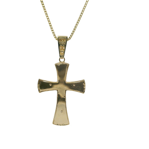 14KT Gold Charm Medium Two Tone Sunken Center Crucifix Cross with Flared White CZ Stones Ends, Plain Back Plate, and White CZ Stones Bell