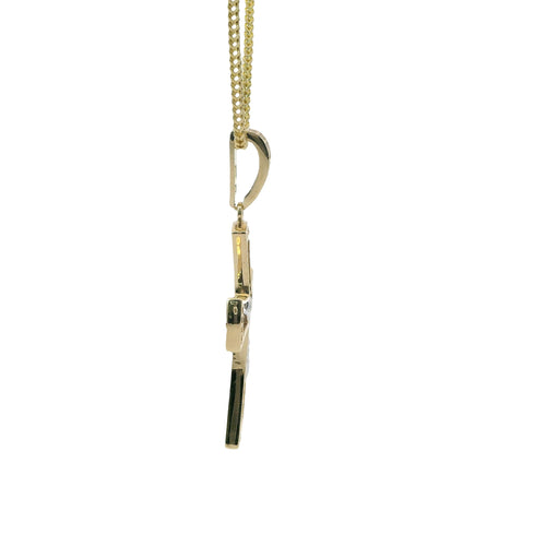 14KT Gold Charm Medium Two Tone Sunken Center Crucifix Cross with Flared White CZ Stones Ends, Plain Back Plate, and White CZ Stones Bell