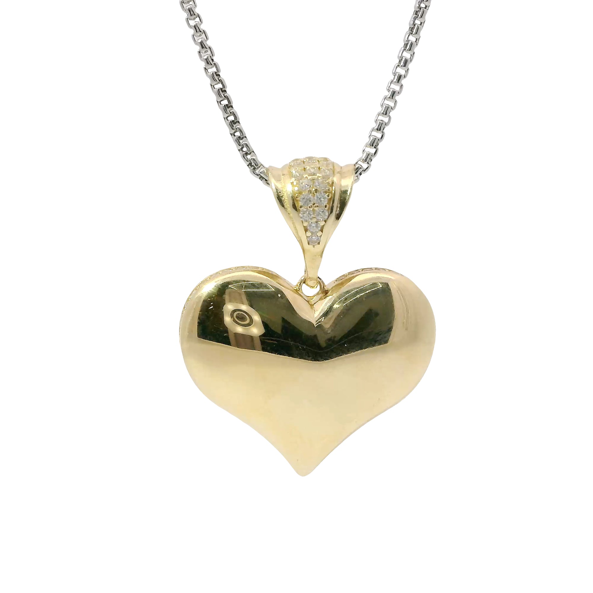 14KT Gold Charm Medium Flat Back Puff Heart with White CZ Stones Edge and Bell