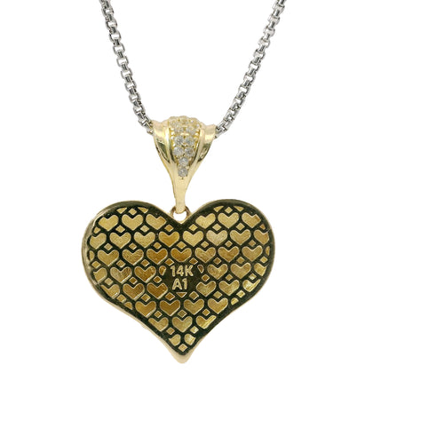 14KT Gold Charm Medium Flat Back Puff Heart with White CZ Stones Edge and Bell