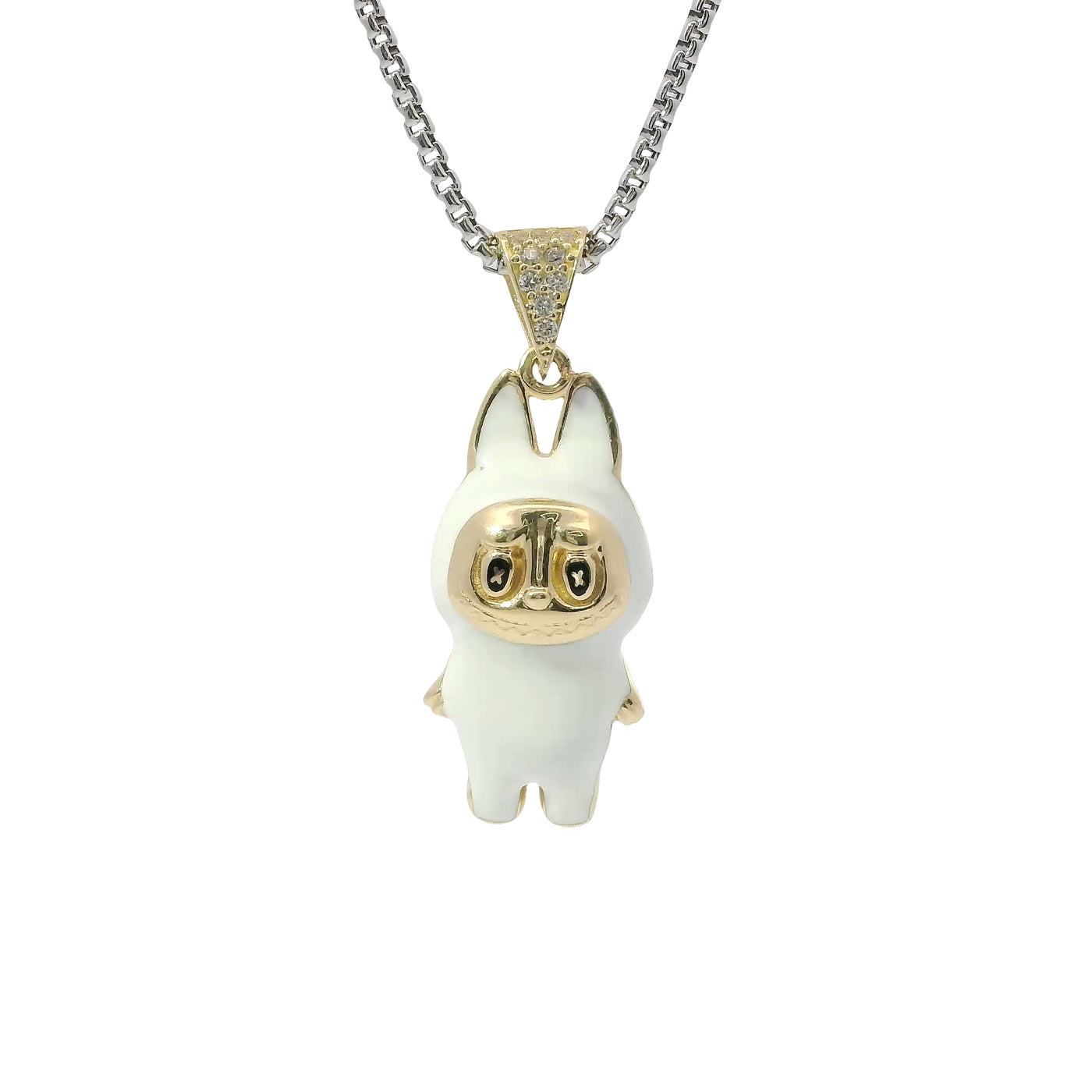 14KT Gold Charm Medium 3D White Enamel LaBuBu Body and White CZ Stones Bell