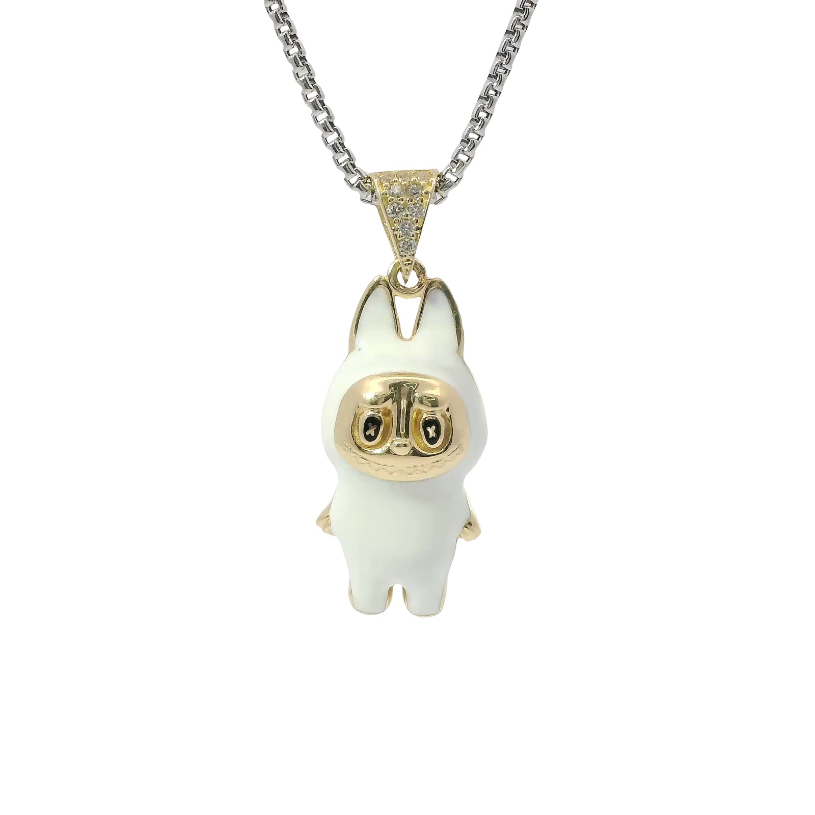 14KT Gold Charm Medium 3D White Enamel LaBuBu Body and White CZ Stones Bell
