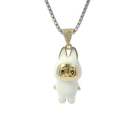 14KT Gold Charm Medium 3D White Enamel LaBuBu Body and White CZ Stones Bell