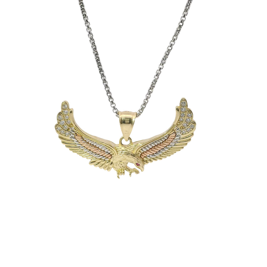 14KT Gold Charm Medium Tri Tone Spread Eagle with Red CZ Eye, White CZ Stone Wing Tips, and Plain Bell