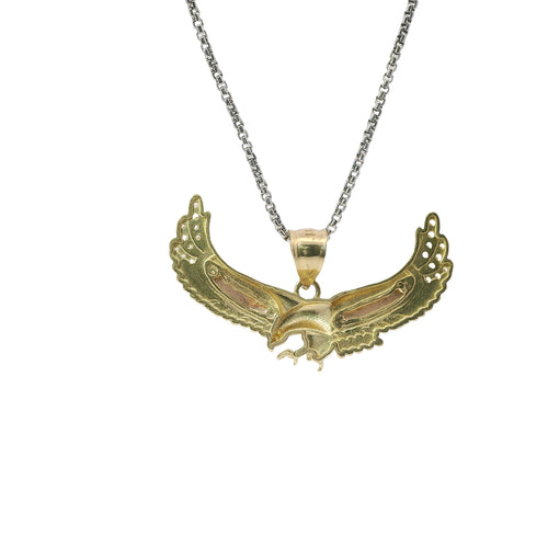 14KT Gold Charm Medium Tri Tone Spread Eagle with Red CZ Eye, White CZ Stone Wing Tips, and Plain Bell