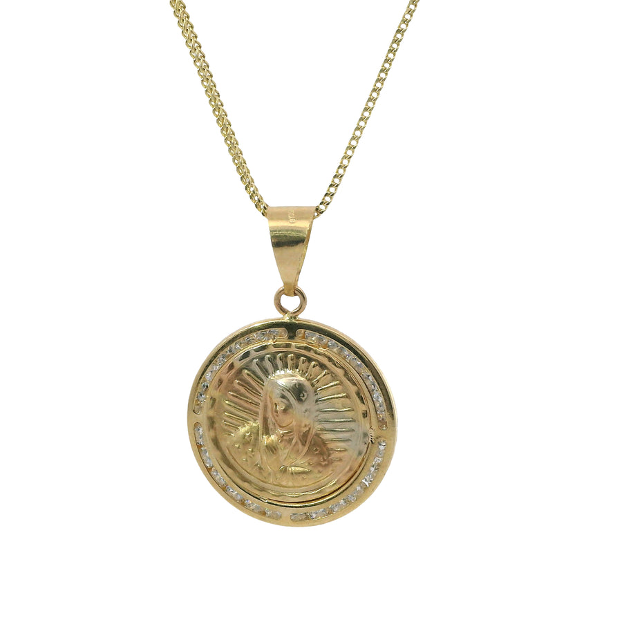 14KT Gold Charm Medium Tri Tone Puff Virgin Mary Coin with White CZ Stone Border and Plain Bell