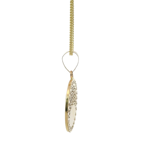 14KT Gold Charm Medium Tri Tone Puff Virgin Mary Coin with White CZ Stone Border and Plain Bell