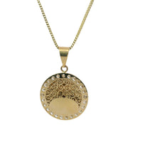14KT Gold Charm Medium Tri Tone Puff Virgin Mary Coin with White CZ Stone Border and Plain Bell