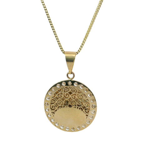 14KT Gold Charm Medium Tri Tone Puff Virgin Mary Coin with White CZ Stone Border and Plain Bell
