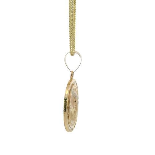 14KT Gold Charm Medium Tri Tone Puff Virgin Mary Coin with White CZ Stone Border and Plain Bell