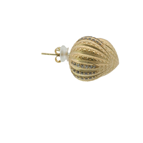 14KT Gold Earrings Medium Plain "X" Striped Acorn with White CZ Stones, Push Back Post, and Butterfly Backs