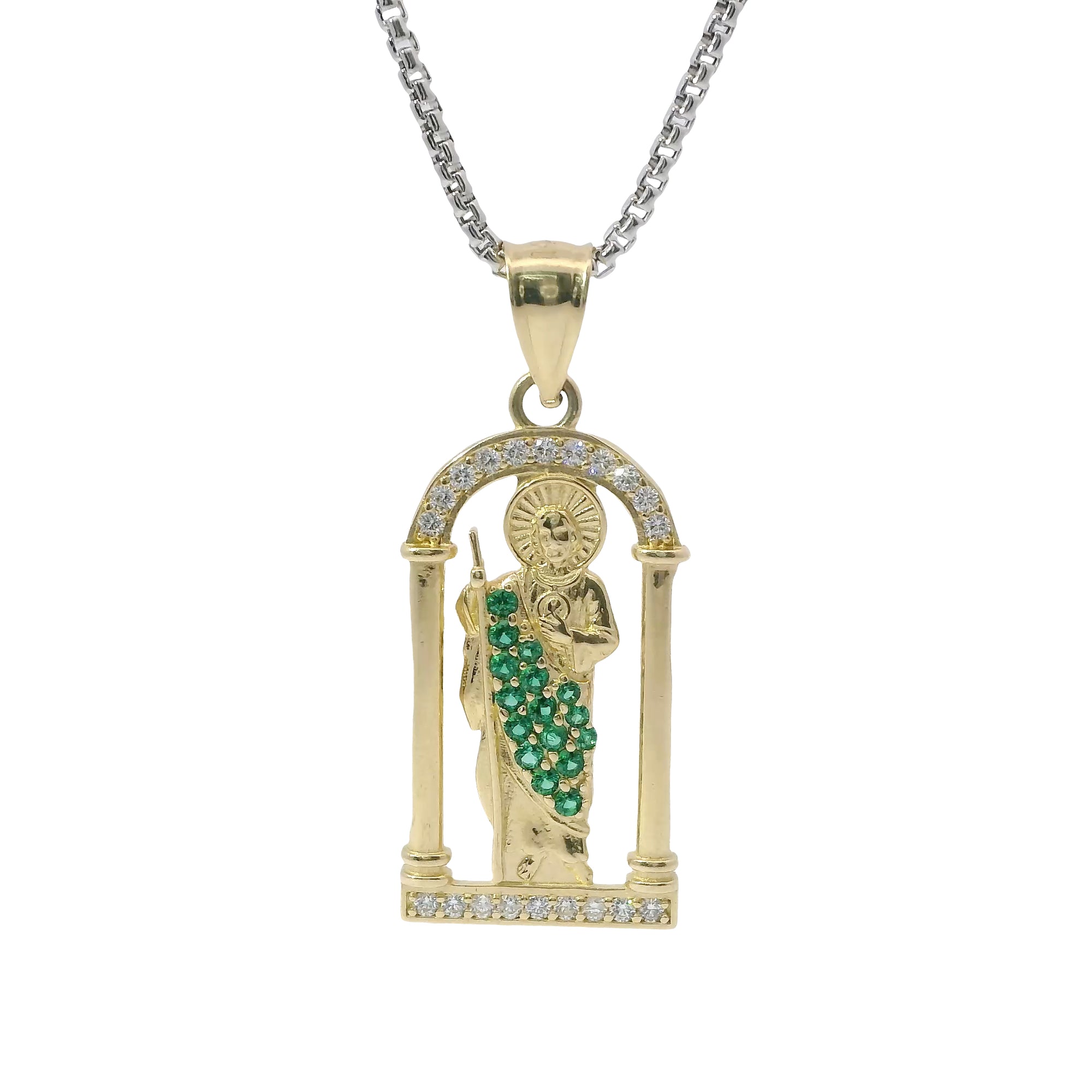 14KT Gold Charm Medium White CZ Stones Archway St Jude with Green CZ Stones Robe and Plain Bell