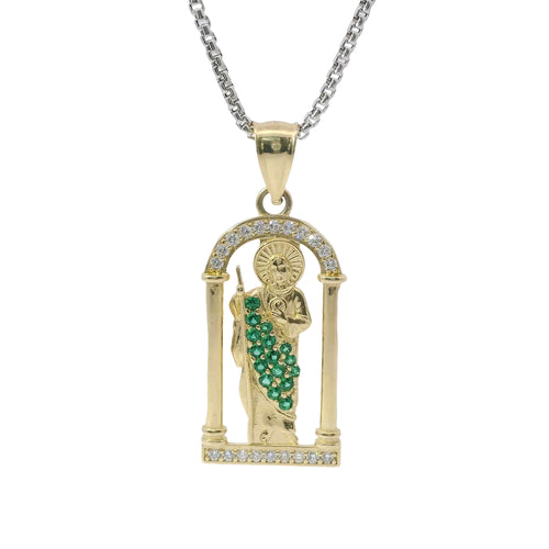 14KT Gold Charm Medium White CZ Stones Archway St Jude with Green CZ Stones Robe and Plain Bell