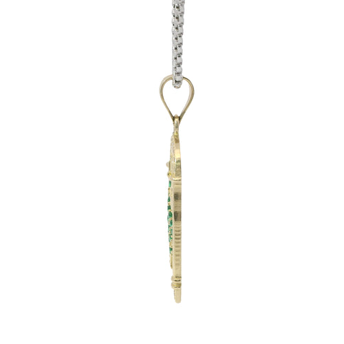 14KT Gold Charm Medium White CZ Stones Archway St Jude with Green CZ Stones Robe and Plain Bell