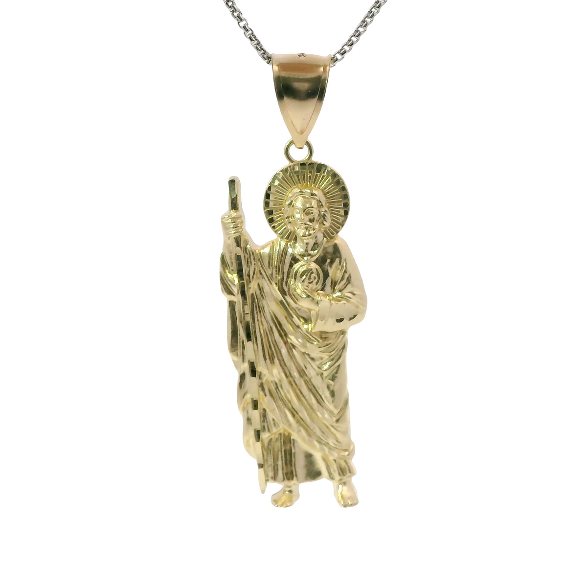 14KT Gold Charm Medium Diamond Cut Halo Left Facing St Jude with Plain Bell