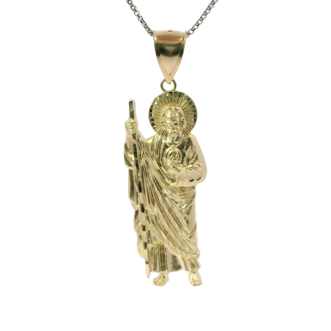 14KT Gold Charm Medium Diamond Cut Halo Left Facing St Jude with Plain Bell