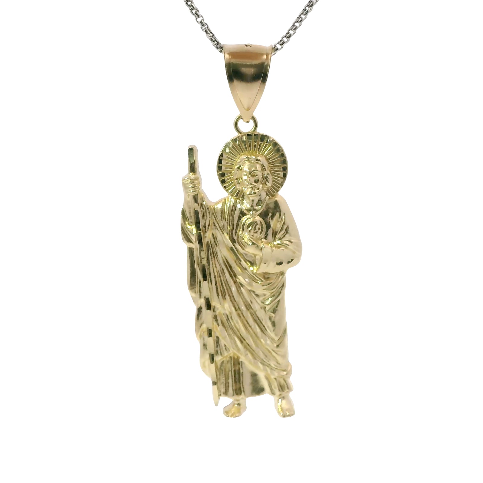 14KT Gold Charm Medium Diamond Cut Halo Left Facing St Jude with Plain Bell