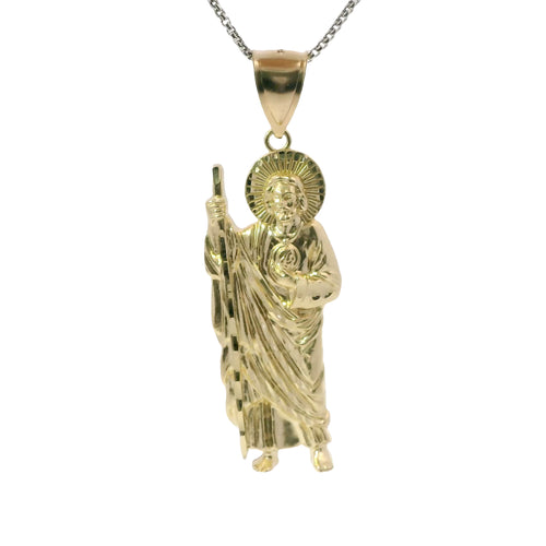 14KT Gold Charm Medium Diamond Cut Halo Left Facing St Jude with Plain Bell