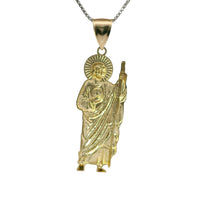 14KT Gold Charm Medium Diamond Cut Halo Left Facing St Jude with Plain Bell