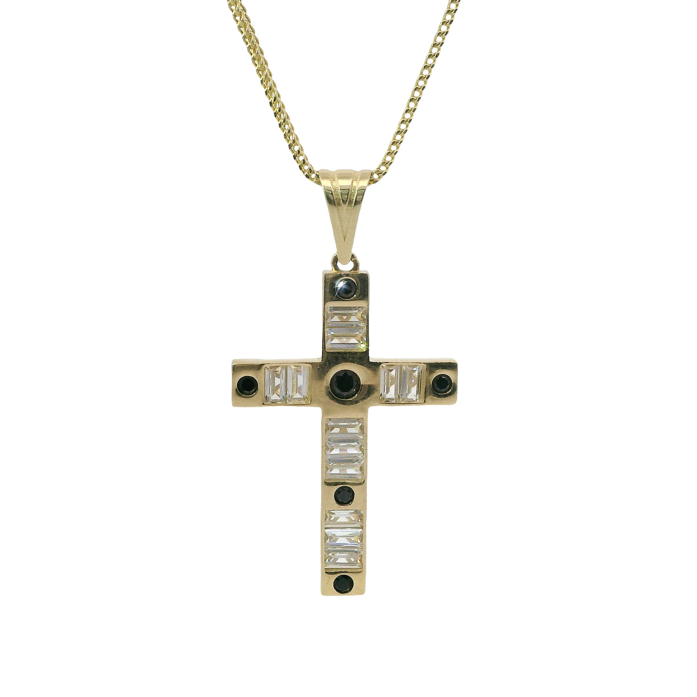 14KT Gold Charm Medium Baguette CZ Stones Cross with Six Black Round CZ Stones Ends and Plain Bell