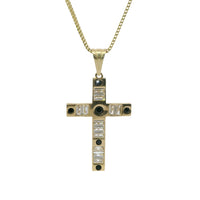 14KT Gold Charm Medium Baguette CZ Stones Cross with Six Black Round CZ Stones Ends and Plain Bell