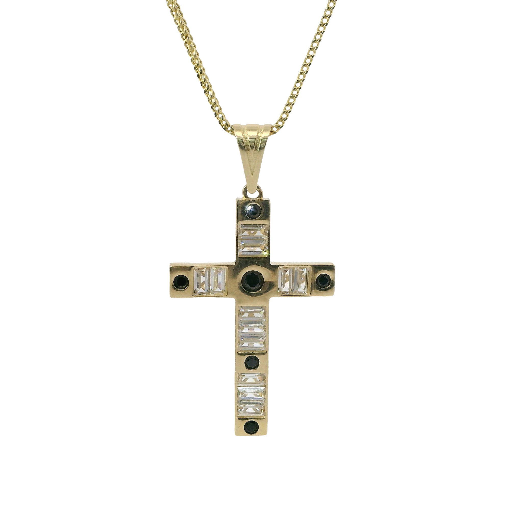 14KT Gold Charm Medium Baguette CZ Stones Cross with Six Black Round CZ Stones Ends and Plain Bell