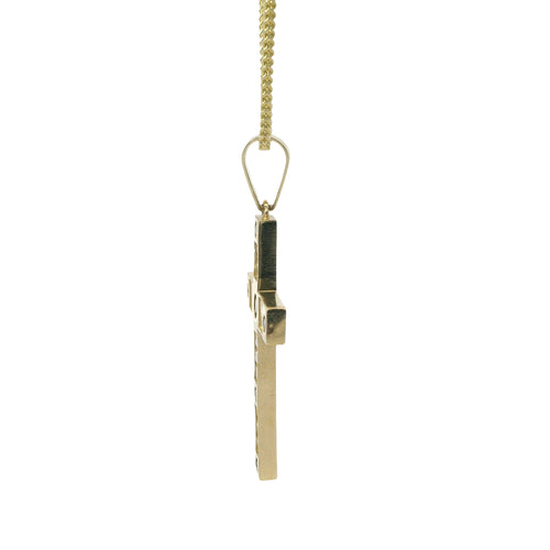 14KT Gold Charm Medium Baguette CZ Stones Cross with Six Black Round CZ Stones Ends and Plain Bell