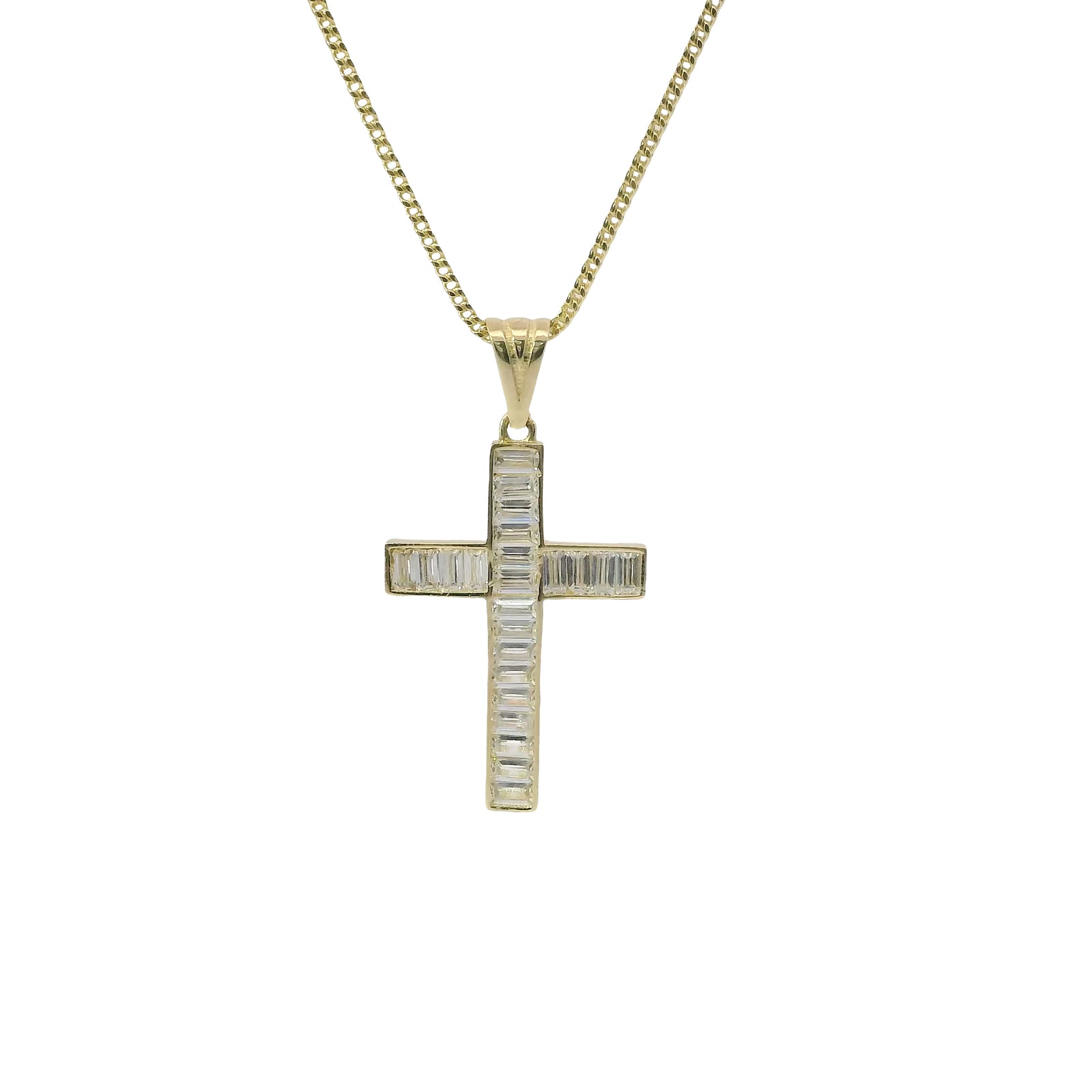 14KT Gold Charm Medium Baguette CZ Stone Cross with Plain Bell