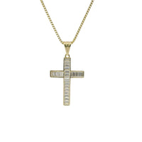 14KT Gold Charm Medium Baguette CZ Stone Cross with Plain Bell