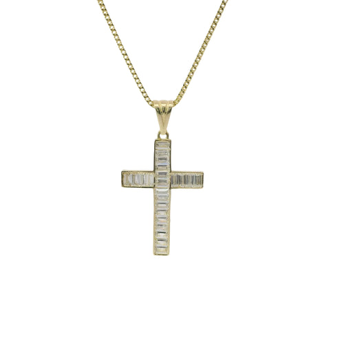 14KT Gold Charm Medium Baguette CZ Stone Cross with Plain Bell