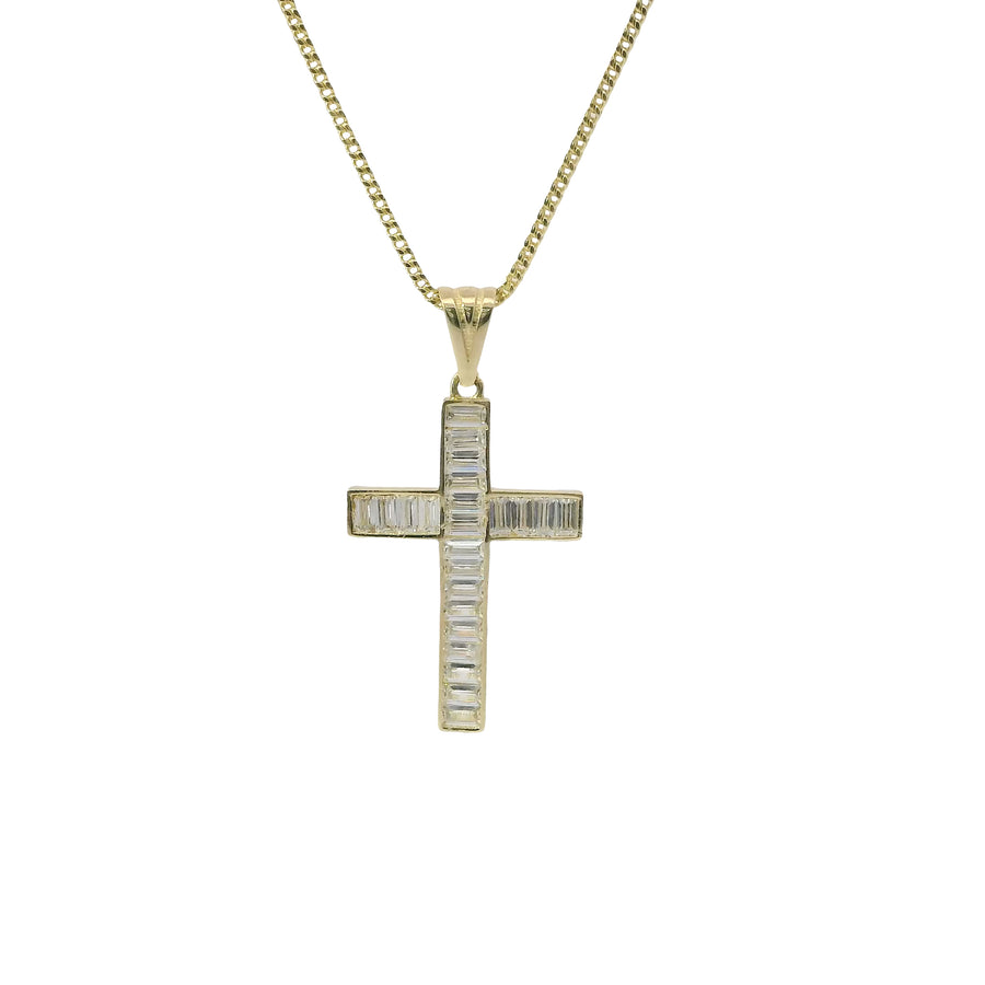 14KT Gold Charm Medium Baguette CZ Stone Cross with Plain Bell