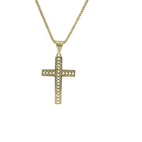 14KT Gold Charm Medium Baguette CZ Stone Cross with Plain Bell