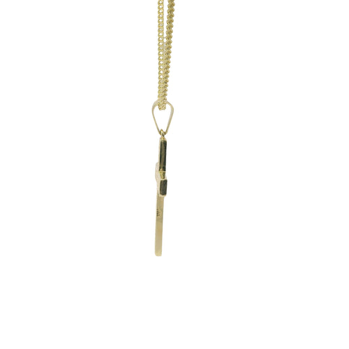 14KT Gold Charm Medium Baguette CZ Stone Cross with Plain Bell