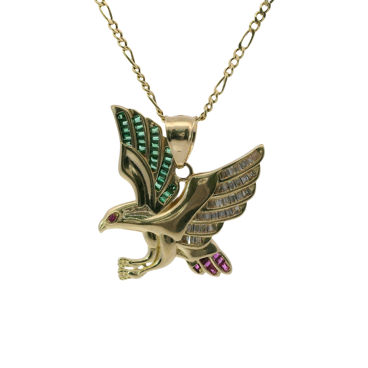 14KT Gold Charm Small Left Facing Soaring Eagle with Baguettes White, Red, and Green CZ Stones Wings, Red CZ Stones Eye and Plain Bell