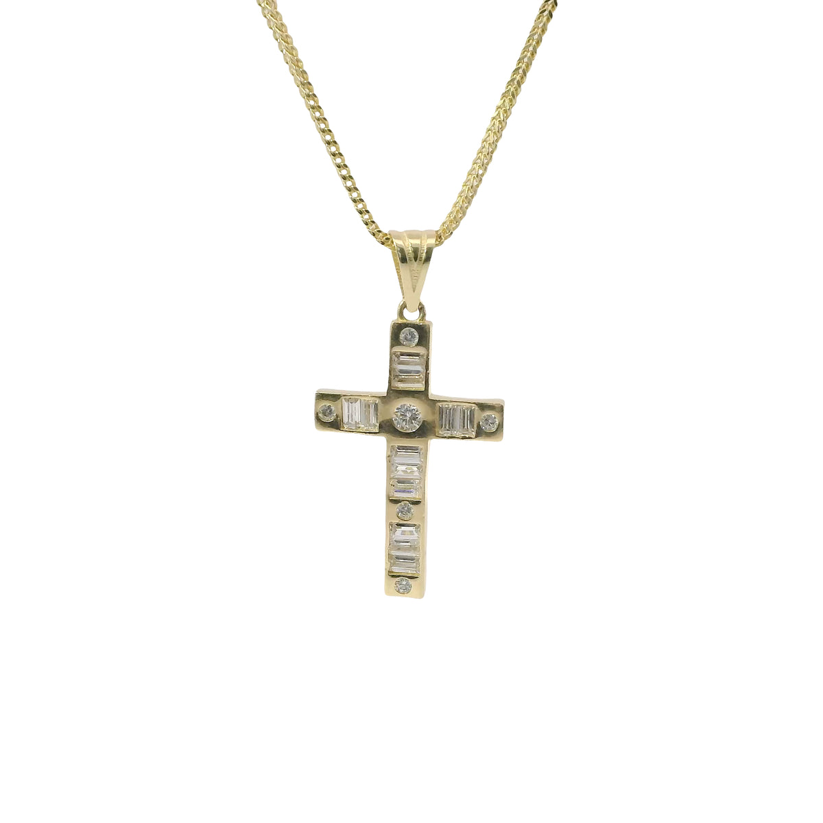 14KT Gold Charm Medium Baguette CZ Stones Cross with Six White Round CZ Stones Ends and Plain Bell