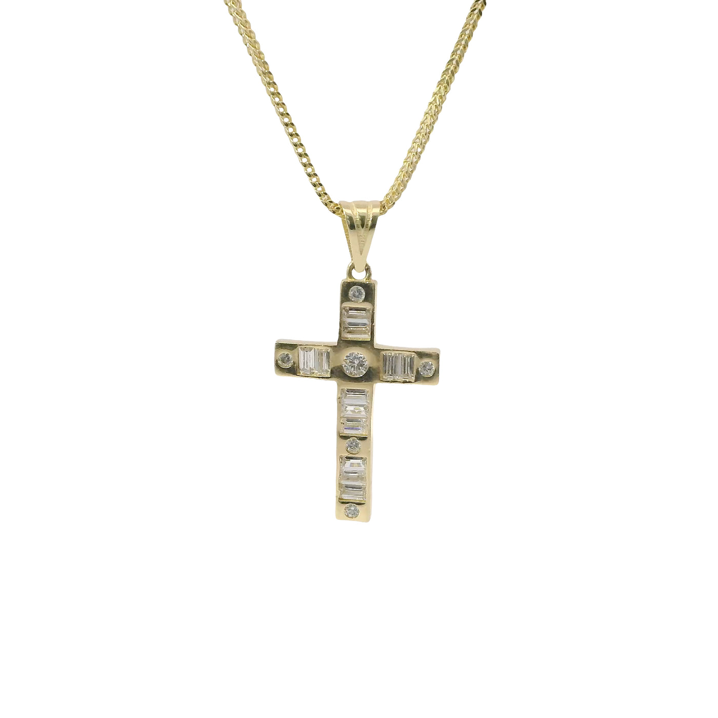 14KT Gold Charm Medium Baguette CZ Stones Cross with Six White Round CZ Stones Ends and Plain Bell