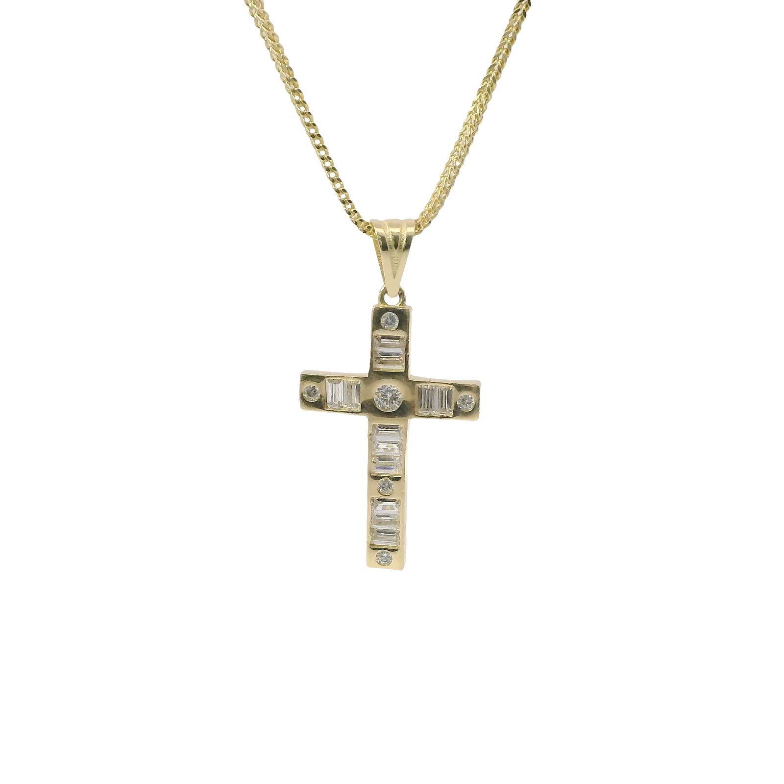 14KT Gold Charm Medium Baguette CZ Stones Cross with Six White Round CZ Stones Ends and Plain Bell